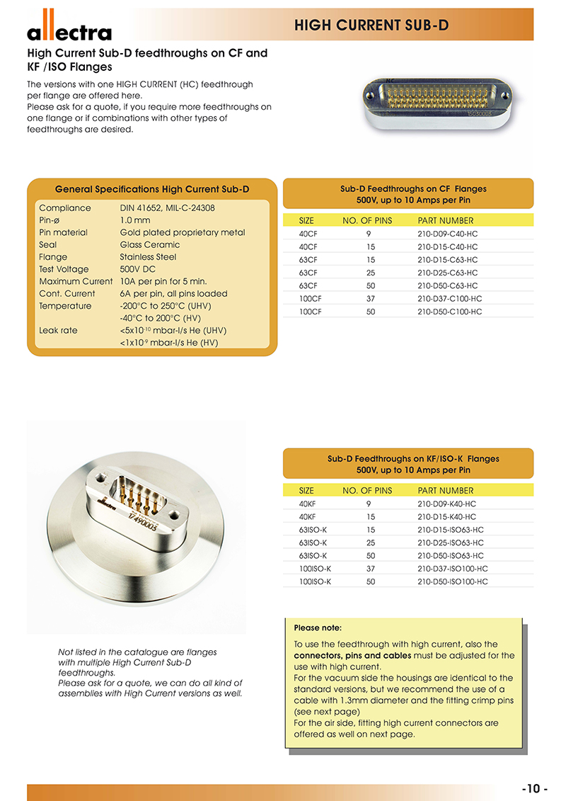 Allectra高電流型Sub-D/D-Sub真空饋通