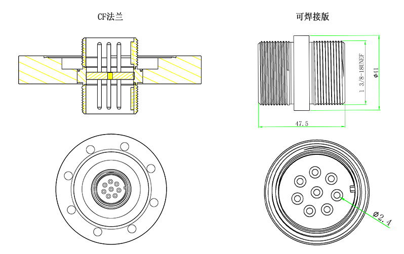 CFZ真空饋通-電極直徑2.4mm尺寸
